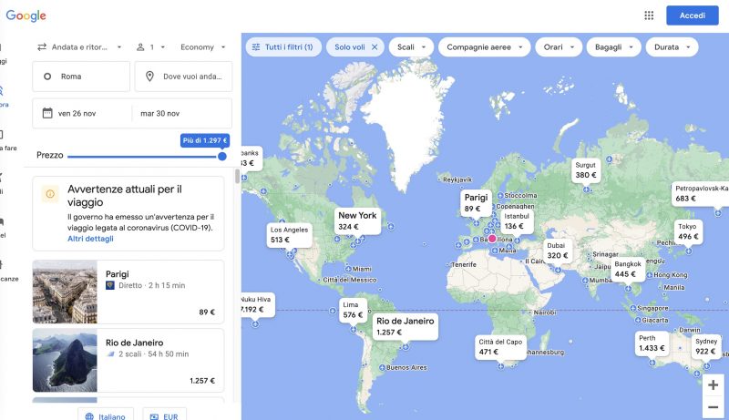 Google Flights schermata mese più conveniente per voli low cost, calendario prezzi dinamici