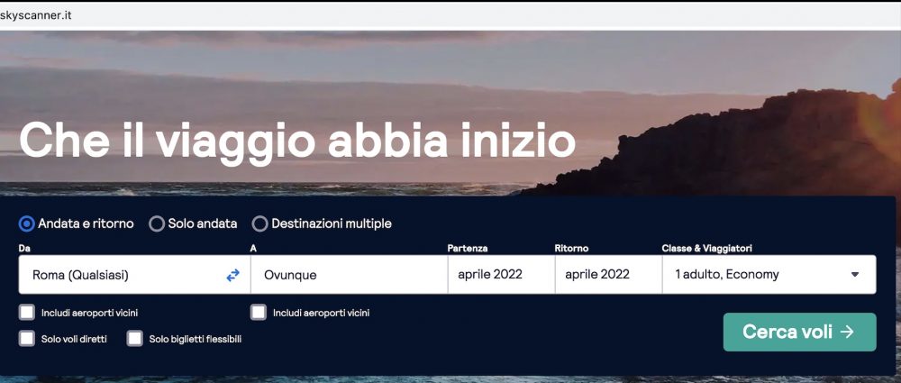 Screenshot Skyscanner ricerca voli low cost, last minute, interfaccia per trovare destinazioni ovunque con prezzi dinamici